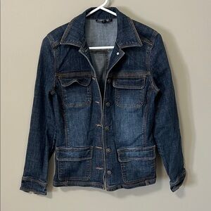 Y2K Dark Blue Longer Length 4 Pocket Denim Jacket Chore Coat Tapered Waist Small